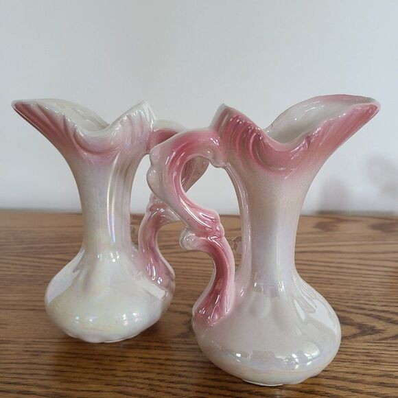 Three Piece Iridescent Lusterware Pink Bud Vase Set 3-D Capodimonte Flowers - Picture 13 of 15